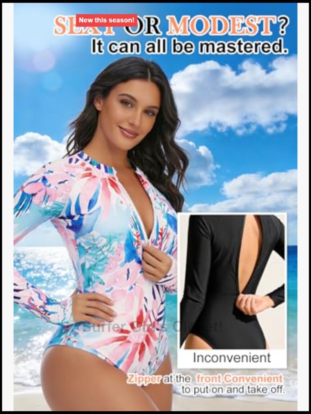 Long Sleeve UPF 50+ One Piece Rash Guard Swimsuit with Detachable Pads - Picture 4 of 7